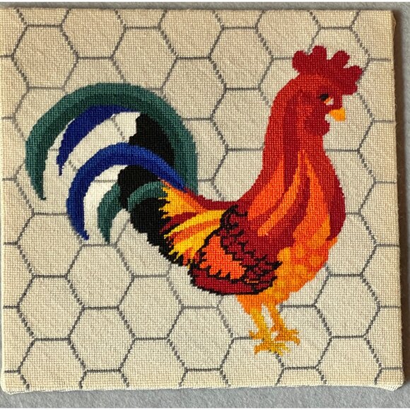 Handmade Rooster Needlepoint Vibrant Colors Mounted Cream Bckground Cottage Core